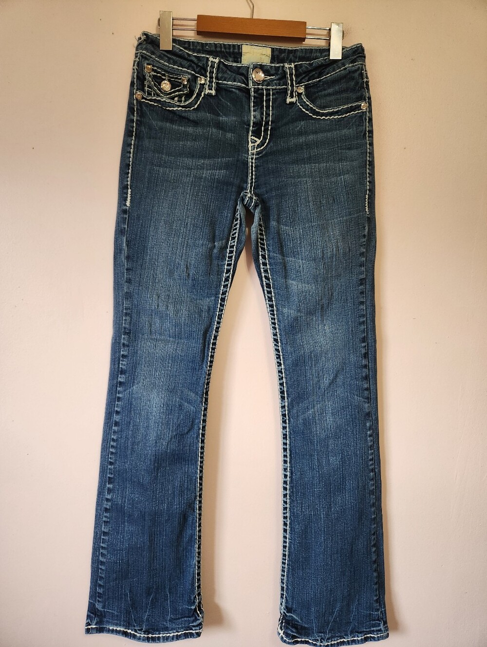 LA Idol Thick Stitch Rhinestone Flap Pocket Y2K Bootcut Jeans Size 9/29